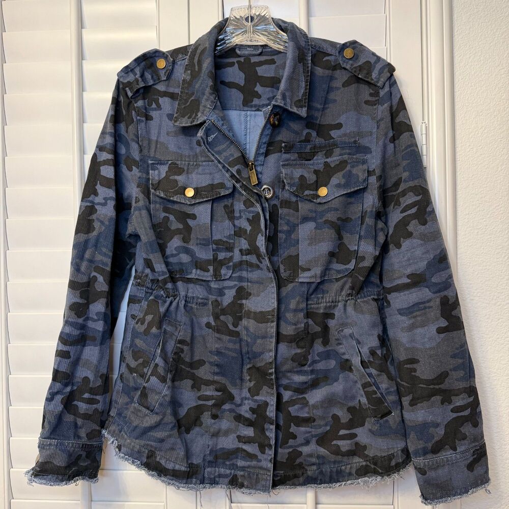 Blue Camouflage Raw Hem Drawstring Military Utility Jacket Size Medium Elan